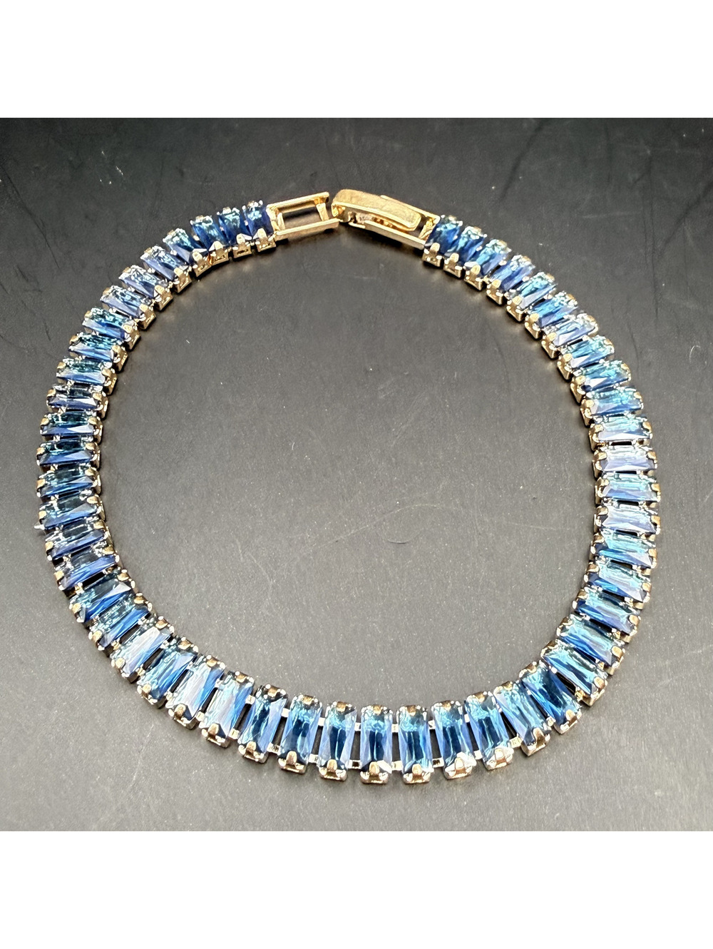 candy+clover london blue baguette crystal tennis gold tone bracelet